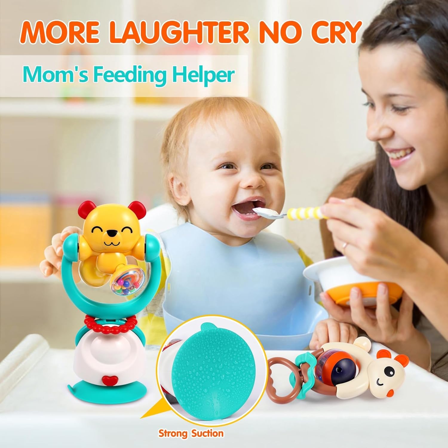 Baby Toys 6-12 Months Infant Toys Set of 3 High Chair Suction Cup Rattle Teething Toys for Baby 6 7 9 12-18 Months 2-in-1 Sensory Development Tray Toy Baby Gifts Boys Girls Easter Basket Stuffers