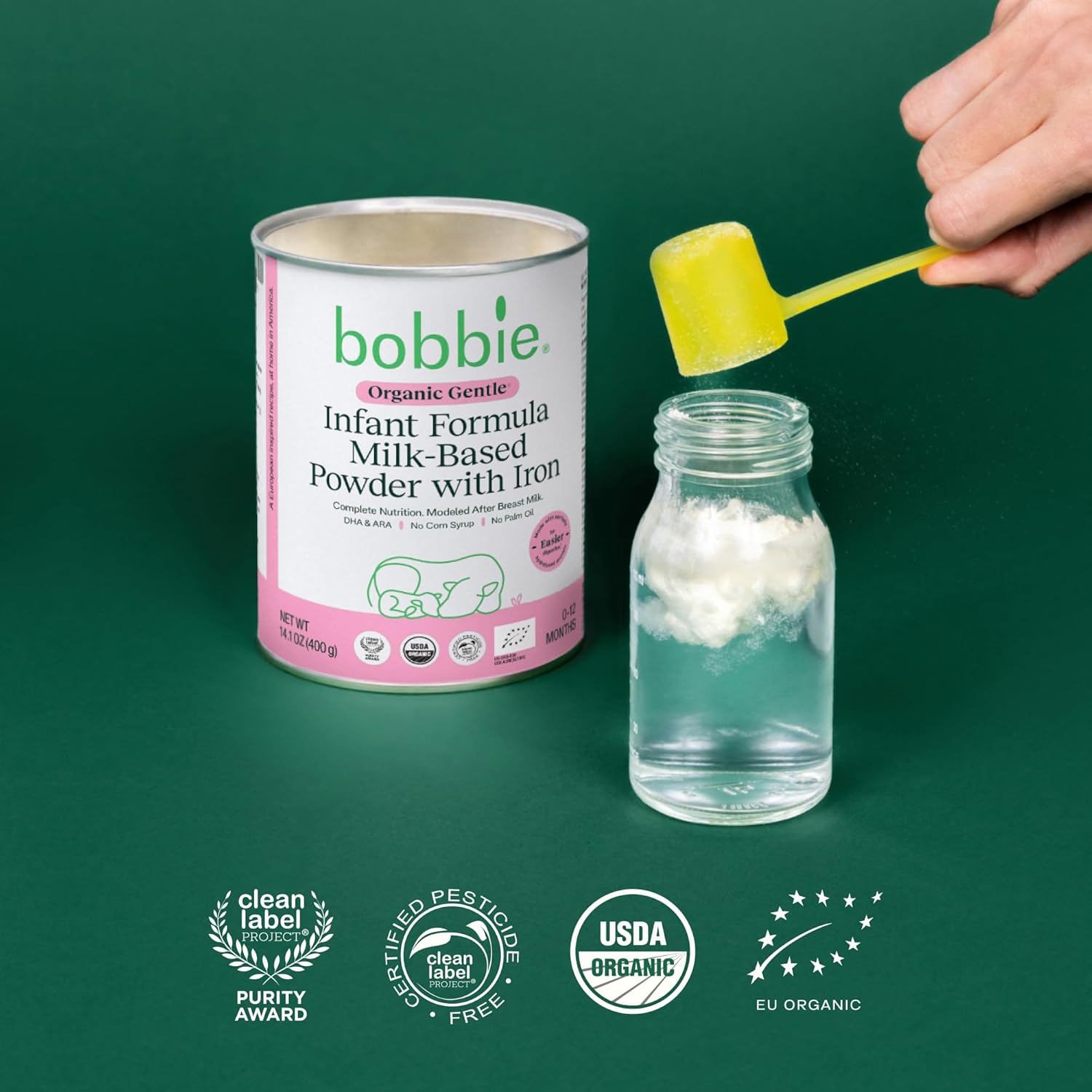 Bobbie Organic Gentle Infant Formula, Milk Based Powder with Iron, DHA, Vitamin D & 100% Lactose Like Breast Milk, For Fusiness, Crying & Digestive Health, Newborn Baby-12 Months Old, 14.1 oz, 1 Pack