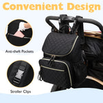 LORADI Large Capacity Diaper Bag with Stroller Buckle, Water-Resistant Travel Backpack with Insulated Pockets (Nylon, Black-Gold)