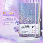 HJWKJUS Bling A5 Notebook with Pen, Lined Journal Notebook A5 Notepad for Girls Women,Cute Heart Pattern Design Glitter Laser Diary College Ruled Hardcover Notebook for Work, School, Note Taking, Business (Purple)