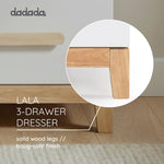 dadada LaLa 3 Drawer Dresser for Nursery - Modern Design, Deep Drawers, Baby-Safe Finish, Anti-Tip Safety, Durable Construction, Maximum Storage Small for Spaces, 39"W x 34"H x 19"D. (White+Natural)