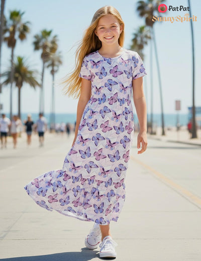 PATPAT Tween Dress for Girls Summer Maxi Long Casual Beach Birthday Party Big Girl Cute Dresses Purple Butterfly Size 10-11