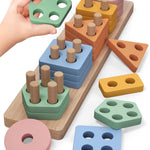 PEBIRA Montessori Toys for 1 to 3-Year-Old Boys Girls Toddlers, Wooden Sorting & Stacking Toys for Toddlers and Kids Preschool, Educational Color Recognition Shape Sorter, Learning Puzzles Gift