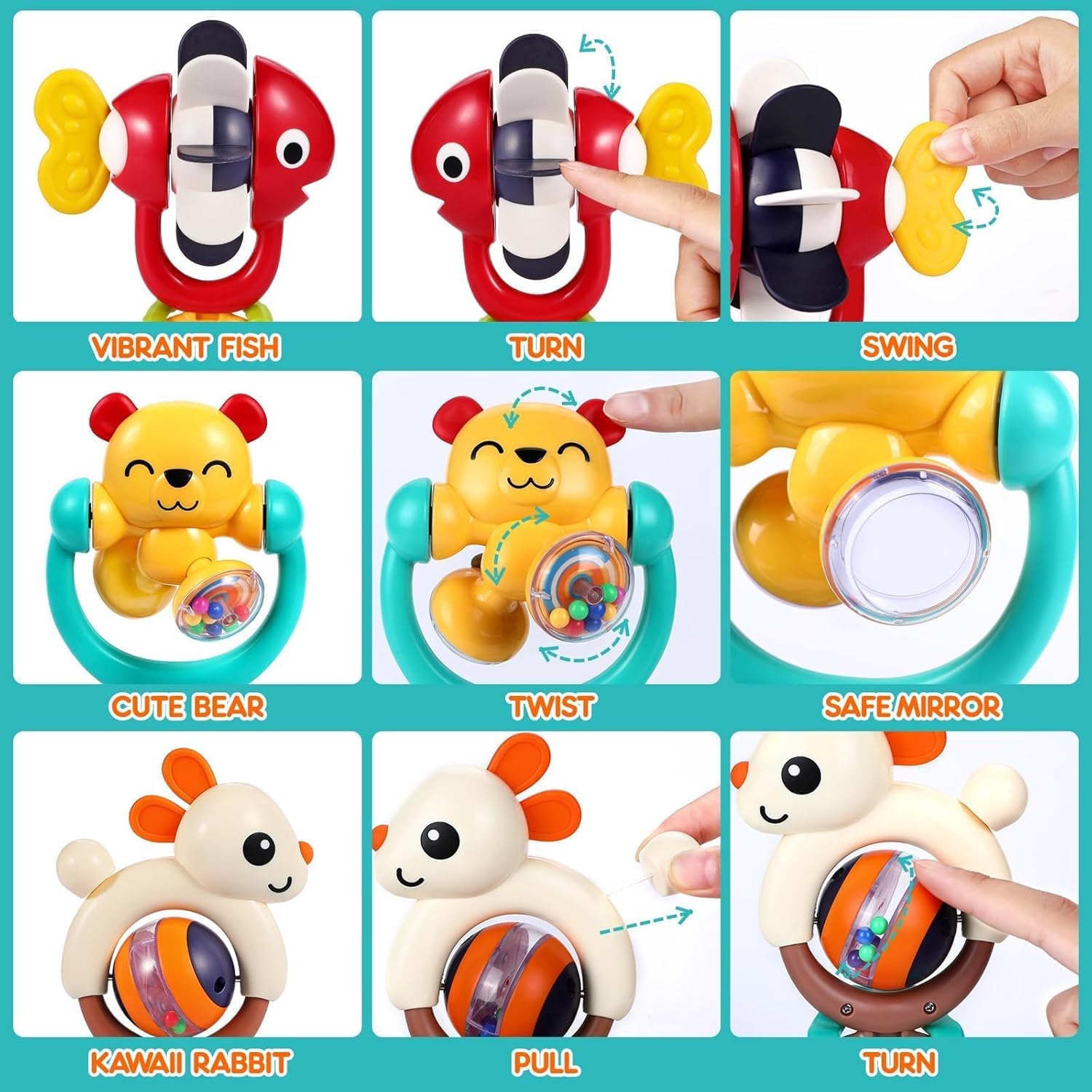 Baby Toys 6-12 Months Infant Toys Set of 3 High Chair Suction Cup Rattle Teething Toys for Baby 6 7 9 12-18 Months 2-in-1 Sensory Development Tray Toy Baby Gifts Boys Girls Easter Basket Stuffers