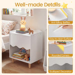 Costzon Nightstand, Kids Scalloped Side Table w/Wide Top, Large Storage Compartment & Solid Rubber Wood Legs, Wooden End Table for Children's Play Room, Bedroom, Living Room (White)