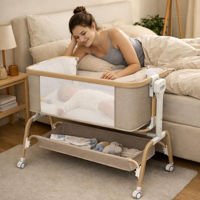 Mariserenity Rocking Baby Bassinet Bedside Sleeper, Detachable Portable Bassinet & Adjustable Crib with 8 Heights, Breathable Mesh, Storage Basket & Mobile Toy for Newborns to Toddlers(Oatmeal)
