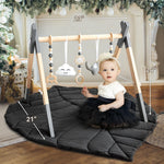 Wooden Baby Play Gym with Mat, Foldable Baby Play Gym Frame Activity Gym Hanging Bar with 5 Gym Baby Toys Playmats for Newborn Baby (Foldable Baby Play Gym with Mat)