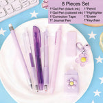 MOZXIRZ 8 Pcs Cute Purple Stationery Set for Girls Boys Women Back to School Supplies Office Supplies Kawaii Candy Colors Stationery Gift Including Pen Pencil Highlighter Eraser (Purple)