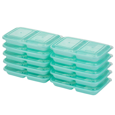 Stack of teal food containers with lids on a white background