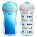 Two children's sippy cups with shark design on a white background