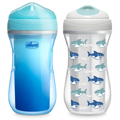Two children's sippy cups with shark design on a white background