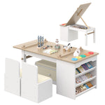 3 in 1 Kids Art Table and Chair Set, Art Desk & Easel w/ Storage Shelves, Drawers, Paint Cups, Paper Roll, Toddler Table and Chair Set w/ Bench & 2 Chairs for Draw, Write, Play, Crafts (Light Walnut)