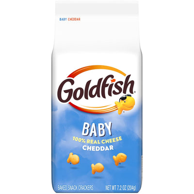 Goldfish Baby Cheese Cheddar snack crackers packaging on a white background