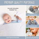 Baby Shower Gifts Set | 7 Pieces Baby Gift Box for Infant Boy or Girls 0-12 Months | Cute Baby Shower Gift' with Newborn Blanket, Security Blanket, Wooden Rattle Toy, Baby Bib and Socks, Greeting Card