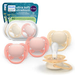 Philips Avent ultra soft pacifiers with packaging on a white background