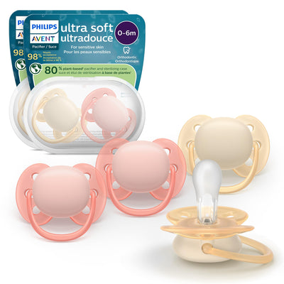 Philips Avent ultra soft pacifiers with packaging on a white background