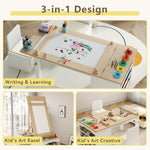 3 in 1 Kids Art Table and Chair Set, Art Desk & Easel w/ Storage Shelves, Drawers, Paint Cups, Paper Roll, Toddler Table and Chair Set w/ Bench & 2 Chairs for Draw, Write, Play, Crafts (Light Walnut)
