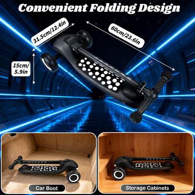 Light Up 3 Wheel Kick Scooter for Kids Toddlers with LED Sync Lights, Flashing Stem & Wide Polka Dot Deck Adjustable Height Music Function Safe Sturdy Folding Scooter for Kids (Black)