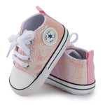 KKIIDDSS Unisex Baby Girls Boys Canvas High-top Shoes, Newborn Infant Anti-Slip Soft Sole Frist Walking Sneakers (B01/Sequin Light Pink,12-18 Months)