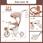7 in 1 Toddler Tricycle with Parent Push Handle, Removable Pedals & Canopy, 5-Point Safety Harness - Portable Folding Trike Bike for Kids Ages 1-6 Years Old (Ivory and Brown)