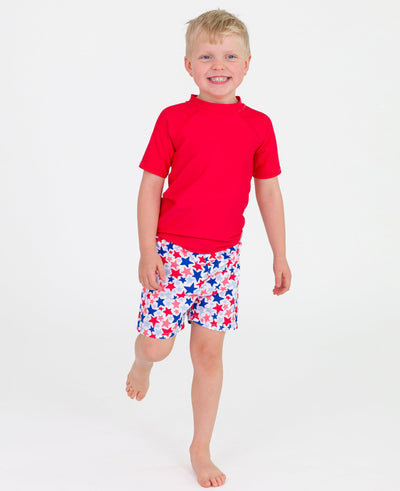 RUGGEDBUTTS Boys UPF50+ Sun Protection Novelty Swim Trunks - Star-Spangled, 3T