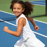 PATPAT Girls 2 Piece Tennis Skirt Set Size 6-7, Plain White Tank Tops and White Pleated Skort with Built In Shorts 2 Piece Outfits Girl Clothes Tennis Outfit Athletic Sets Activewear