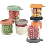 BEABA 6 Pack Glass Baby Food Jars with Soft Silicone Air Tight Lids, 8 oz Glass Storage Containers with Lids, Microwave and Freezer Safe Containers, Sunrise