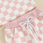 FOCUSNORM Toddler Baby Girl Outfit Newborn Girl Summer Clothes Short Sleeve T Shirt Checkerboard Top Set Elastic Waist Shorts (Checkerboard Pink, 12-18 Months)