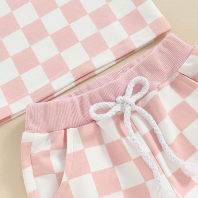 FOCUSNORM Toddler Baby Girl Outfit Newborn Girl Summer Clothes Short Sleeve T Shirt Checkerboard Top Set Elastic Waist Shorts (Checkerboard Pink, 12-18 Months)
