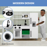 Delta Children Deluxe Modern Kitchen - Toy Kitchen Playset with Realistic Knobs that Turn/Click, Oven, Sink and Fridge/Freezer with Ice Maker, White