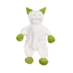 White plush cat toy with green accents on a white background
