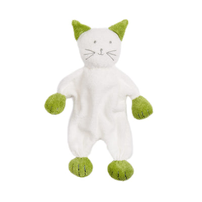 White plush cat toy with green accents on a white background