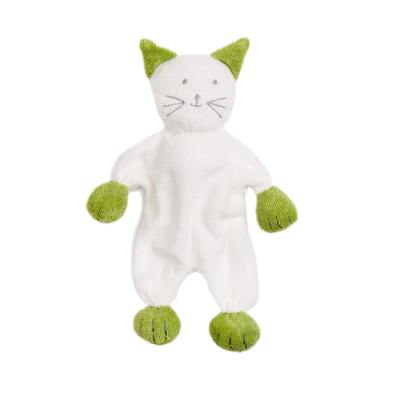 White plush cat toy with green accents on a white background