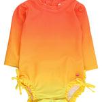 RuffleButts Baby Girls UPF 50+ Sun Protection Novelty Print Long Sleeve One Piece Rash Guard Swimsuit with Zipper - Neon Citrus Sunrise, 2T