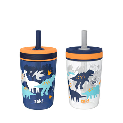 Two dinosaur-themed tumblers with lids on a white background