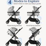2-in-1 Convertible Baby Stroller with Bassinet Mode, Toddler Stroller with Reversible Seat, Foldable Infant Stroller with Adjustable Canopy, Cup Holder, Mommy Bag, Bassinet Pram for 0-36 Months, Grey
