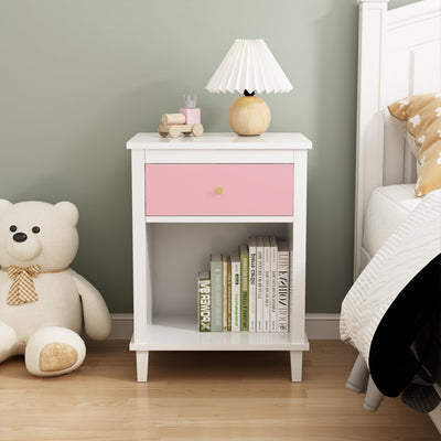 Modern Nightstand, Kids Nightstand with One Drawer, End Table for Boys and Girls, Toddler Night Stand for Living Room, Bedroom (Pink)