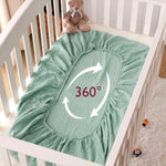 Momcozy Muslin Mini Crib Sheets Fitted - 38''x26'' Pack and Play Sheets for Pack N Play Mattress, 2 Pack Soft & Breathable Natural Cotton Non Slip Bed Cover for Boys, Girls, Grey Green