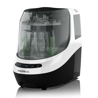 Baby bottle sterilizer with bottles inside on a white background