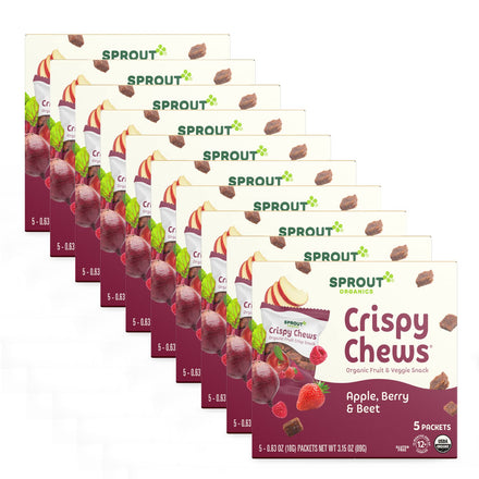 Multiple packages of Sprout Crispy Chews on a white background