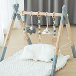 Wooden Baby Play Gym Foldable Baby Play Gym Frame Activity Gym Hanging Bar with 5 Gym Baby Toys Natural for Newborn Baby (Foldable Grey)
