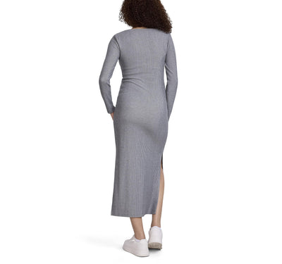Motherhood Maternity Women's Long Sleeve Ribbed Square Neck Bodycon Casual Pregnancy Dress, Heather Grey, Medium