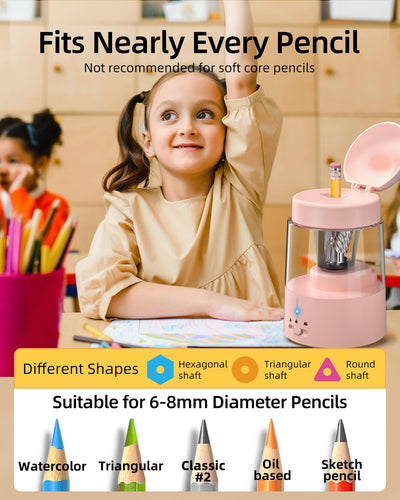 ZMOL Colored Pencil Sharpener for Kids Gift, Rechargeable Electric Pencil Sharpener, Auto Stop, Pencil Sharpeners for Battery Powered Cute No.2/Colored Pencils (6-8mm), Classroom/Office/Home (Pink)