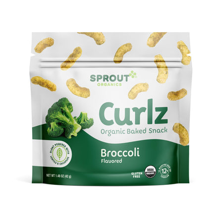 Sprout Organics Curlz Broccoli Flavored baked snack package on a white background