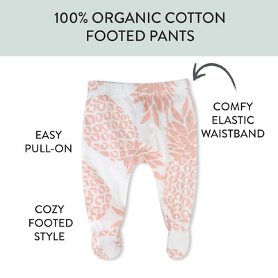 HonestBaby 3-Pack Footed Pants Roomy Fit Pull on Bottoms 100% Organic Cotton for Infant Baby Boys, Girls, Unisex, Pink Pineapple, 6M