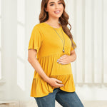 Xpenyo Women Tiered Maternity Top Fashion Short Sleeve Casual Pregnancy Blouse Shirts Lemon Yellow L