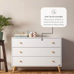 dadada Austin 3-Drawer Dresser for Nursery and Bedroom - Modern Design, Large Storage, Baby-Safe Finish, Anti-Tip Safety, Solid Wood Feet, Durable Construction (White+Natural)