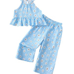Kucnuzki Baby Girl Outfit 18 24 Months Girl Clothes Summer Toddler Clothes Light Blue Ruffle Shirt Camisole Top with Long Flower Pants Two Piece Baby Outfit