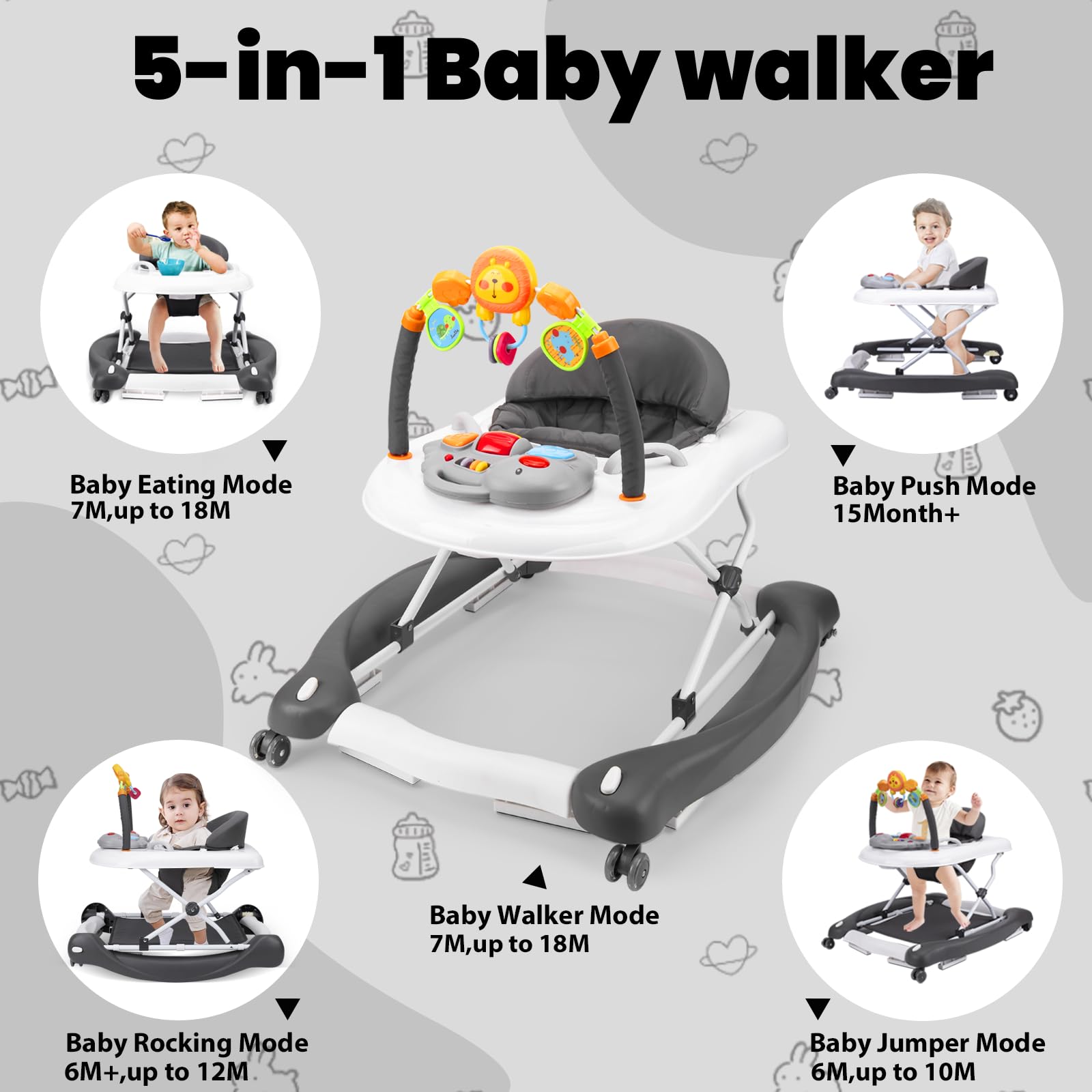 Baby Walker, 5-in-1 Baby Walkers for Boys and Girls 6-12 Months with Bouncer, Removable Footrest, Feeding Tray & Music, Foldable & Adjustable Activity Walker for 6-18 Months Toddler Infant