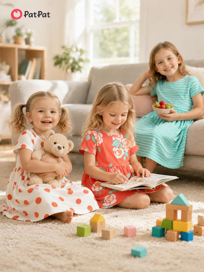 PATPAT Toddler Girl Floral Skater Multipack Dresses 3-Pack Polka Dots Short Sleeve Priness A-line Dress, Blue, 5-6 Years